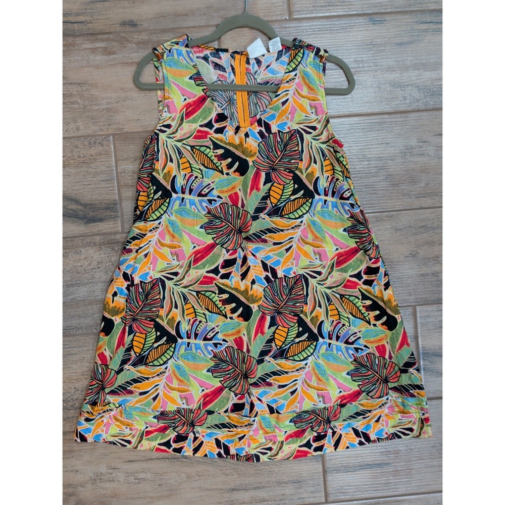 C&C California Shift Dress Womens XS Multicolor Tropical Leaf Linen Pockets - Picture 2 of 16